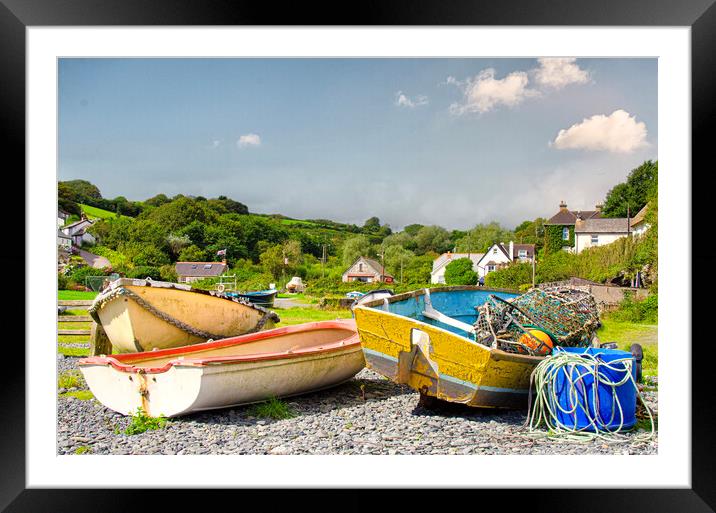 fishing boats on a beach Framed Mounted Print by kathy white