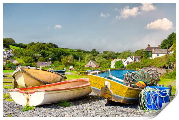 fishing boats on a beach Print by kathy white