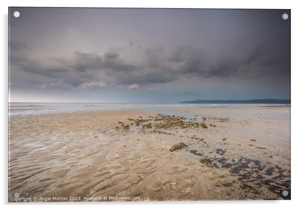 Benllech Beach Approaching Shower Acrylic by Angie Morton
