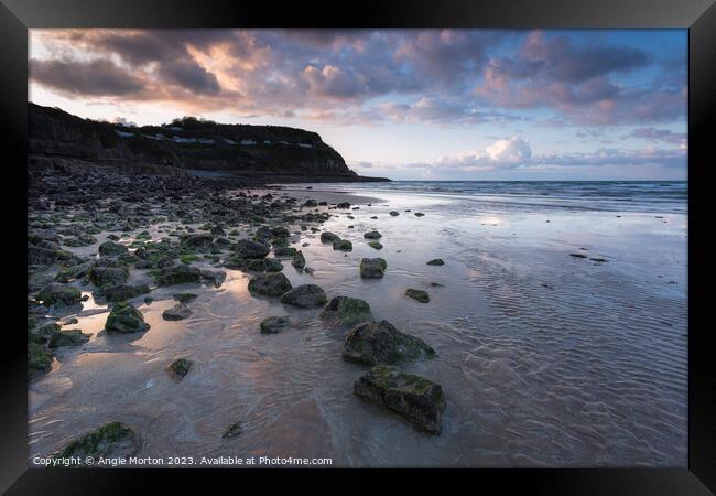 Benllech Beach Sunset Rocks I Framed Print by Angie Morton