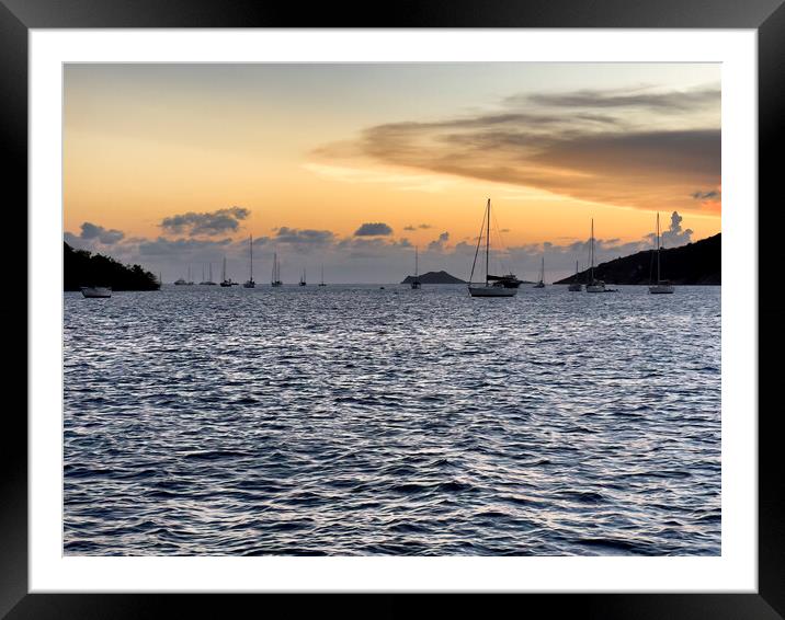 Caribbean Sea sunset with sail boats  Framed Mounted Print by Thomas Baker
