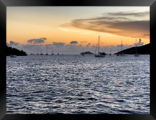 Caribbean Sea sunset with sail boats  Framed Print by Thomas Baker