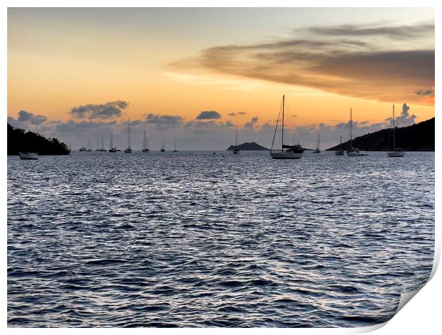 Caribbean Sea sunset with sail boats  Print by Thomas Baker