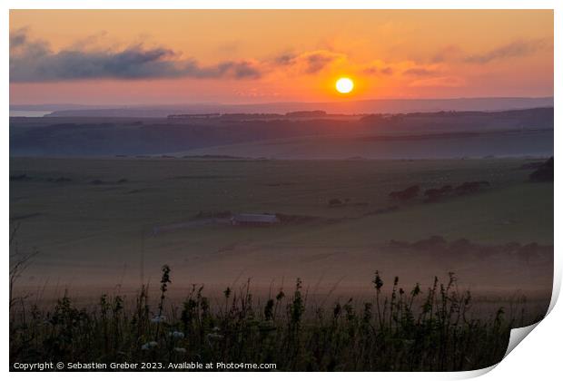 Sunset over the South Downs from Beachy head Print by Sebastien Greber