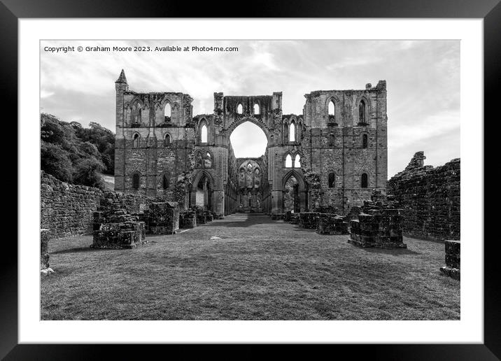 Rievaulx Abbey from the west monochrome Framed Mounted Print by Graham Moore