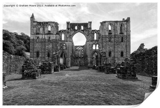 Rievaulx Abbey from the west monochrome Print by Graham Moore