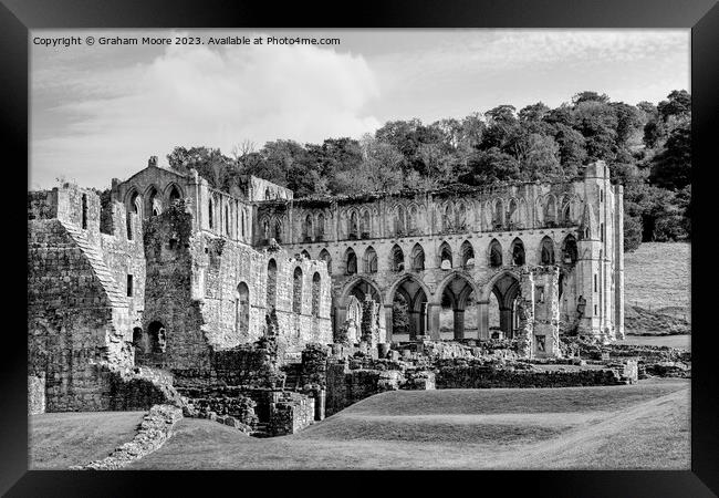 Rievaulx Abbey from the southeast monochrome Framed Print by Graham Moore