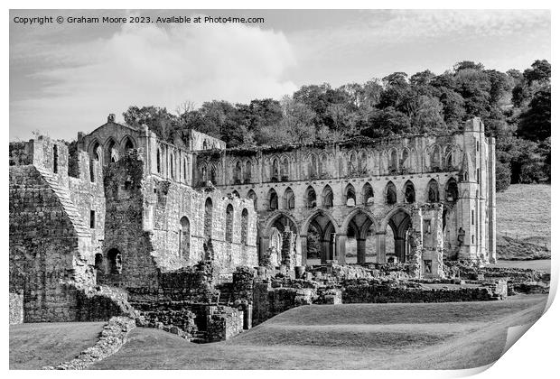 Rievaulx Abbey from the southeast monochrome Print by Graham Moore