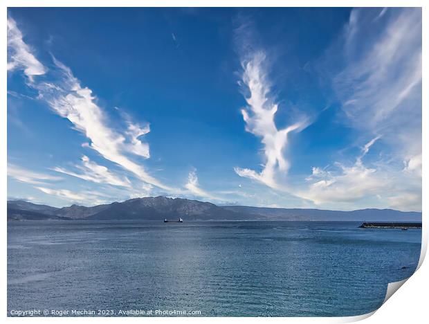 Serene Waterscape over Finisterre Skyline Print by Roger Mechan