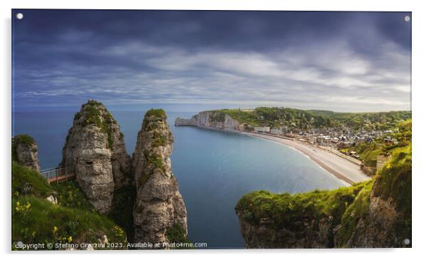 Etretat village. Aerial view from the cliff. Normandy, France. Acrylic by Stefano Orazzini