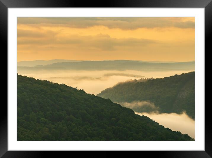 Mist swirling over Cheat River gorge at sunrise near Raven Rock Framed Mounted Print by Steve Heap