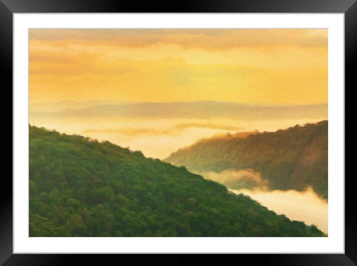 Painting of Cheat River gorge at sunrise near Rave Framed Mounted Print by Steve Heap