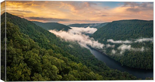 Mist swirling over Cheat River gorge at sunrise near Morgantown  Canvas Print by Steve Heap
