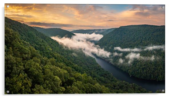 Mist swirling over Cheat River gorge at sunrise near Morgantown  Acrylic by Steve Heap