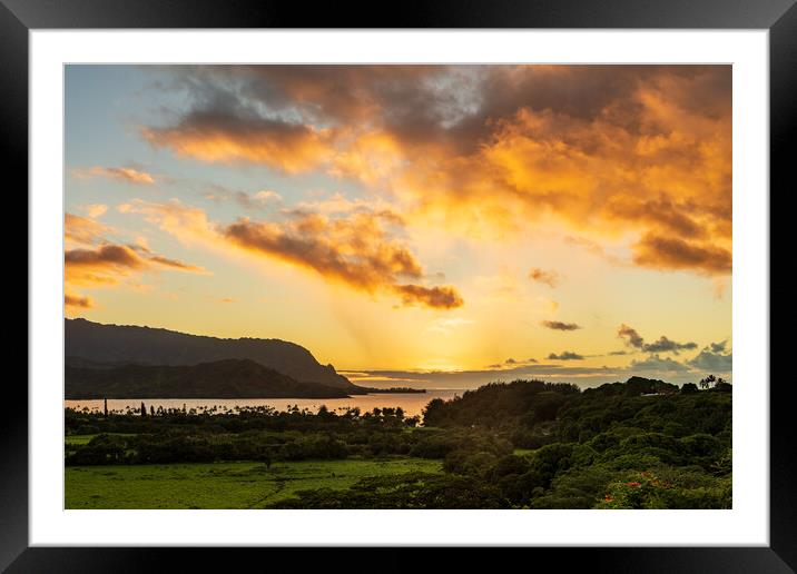 Sunset over Hanalei bay from overlook on the road Framed Mounted Print by Steve Heap
