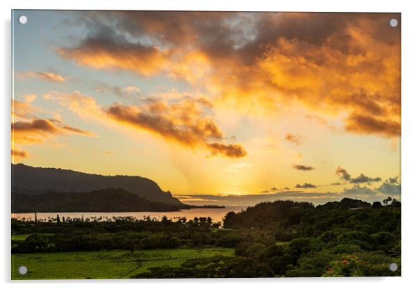 Sunset over Hanalei bay from overlook on the road Acrylic by Steve Heap
