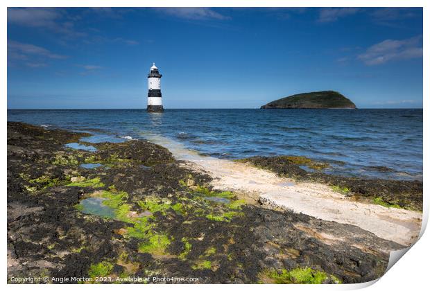 Trwyn Du Lighthouse and Puffn Island Print by Angie Morton
