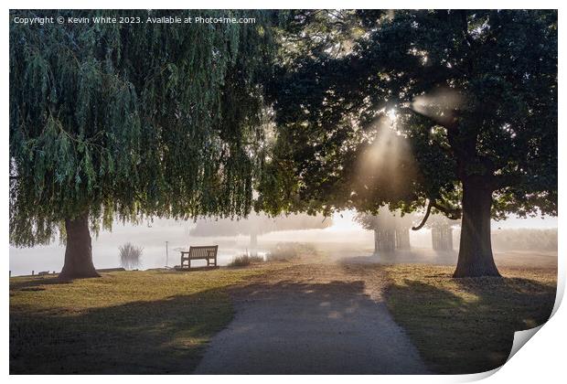 Misty light with the sun shining through the trees Print by Kevin White