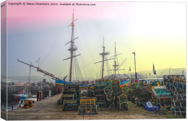 Whitby Harbour Misty Morning  Canvas Print by Alison Chambers