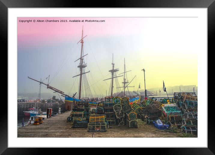 Whitby Harbour Misty Morning  Framed Mounted Print by Alison Chambers