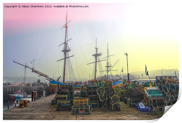 Whitby Harbour Misty Morning  Print by Alison Chambers