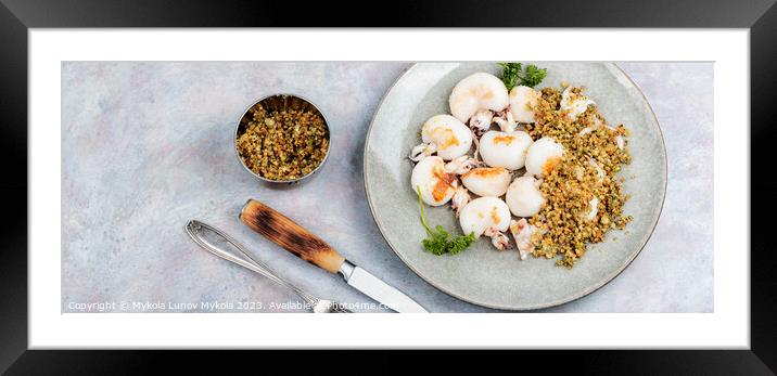 Baked calamari with nuts, space for text. Framed Mounted Print by Mykola Lunov Mykola