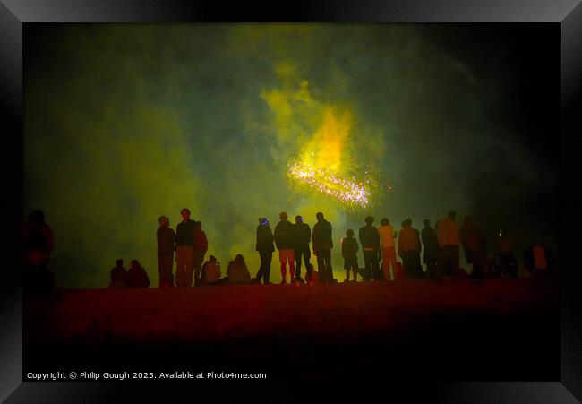 Fireworks celebration on West bay beach Dorset Framed Print by Philip Gough