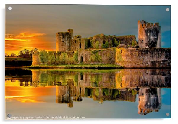 Caerphilly Castle Sunset Acrylic by Stephen Taylor