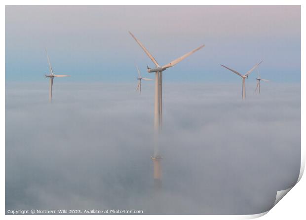 Wind turbines above the fog Print by Northern Wild
