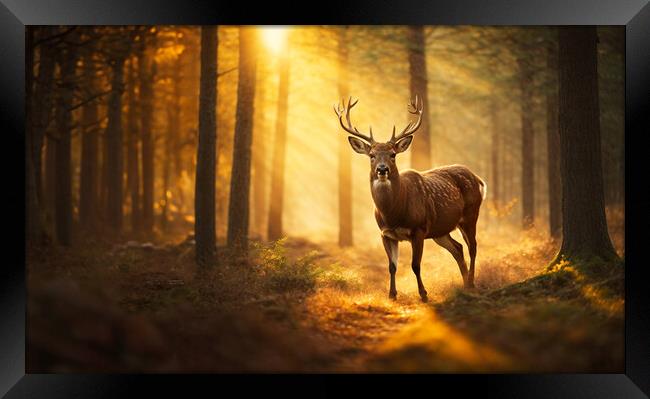 A deer standing in the woods at sunset Framed Print by Guido Parmiggiani