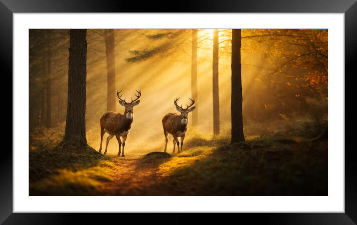 Two deer standing in the woods at sunset Framed Mounted Print by Guido Parmiggiani