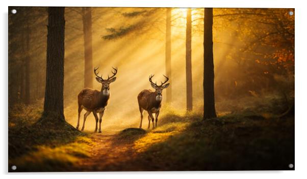 Two deer standing in the woods at sunset Acrylic by Guido Parmiggiani