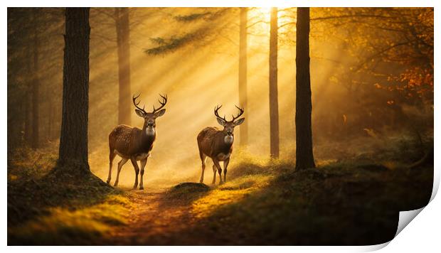 Two deer standing in the woods at sunset Print by Guido Parmiggiani