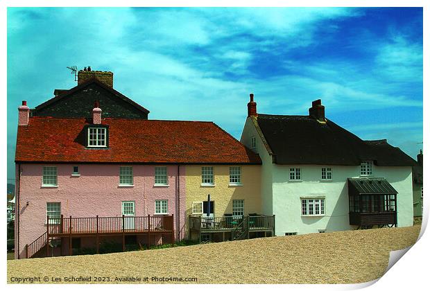 West Bay Cottages on the Beach Print by Les Schofield