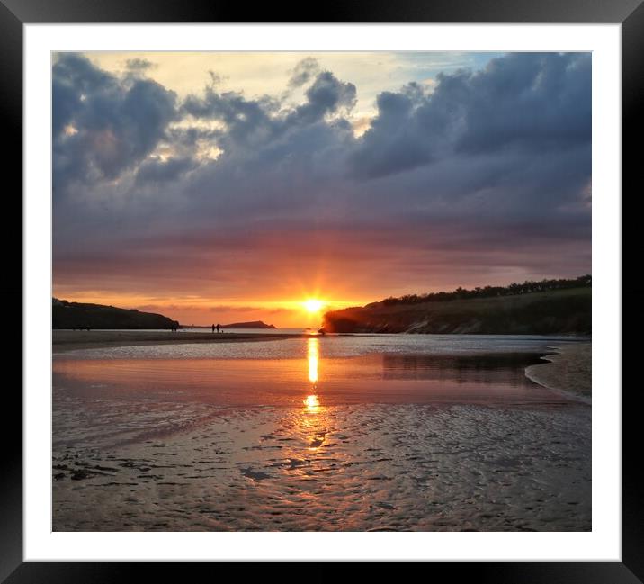 Sunset colours over Porth beach Cornwall  Framed Mounted Print by Tony lopez