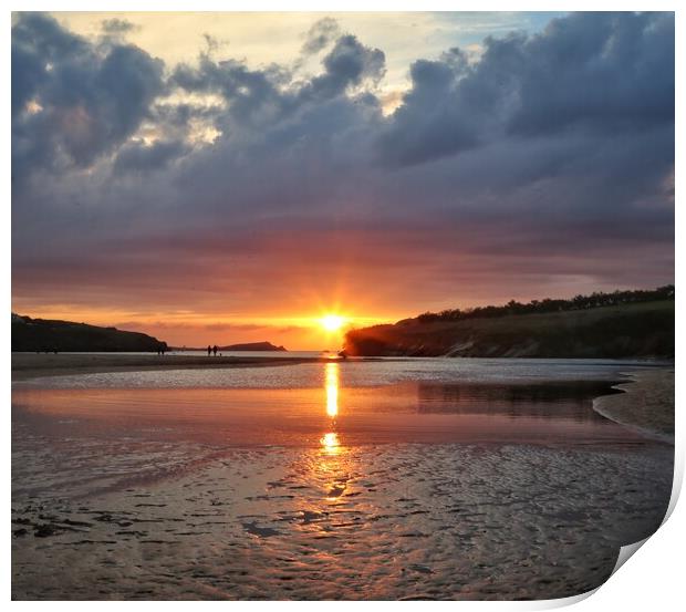 Sunset colours over Porth beach Cornwall  Print by Tony lopez