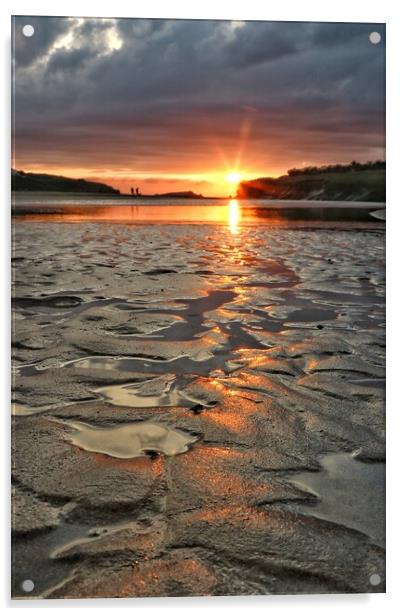 Sunset reflections across Porth beach Cornwall  Acrylic by Tony lopez
