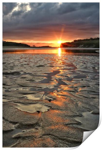 Sunset reflections across Porth beach Cornwall  Print by Tony lopez