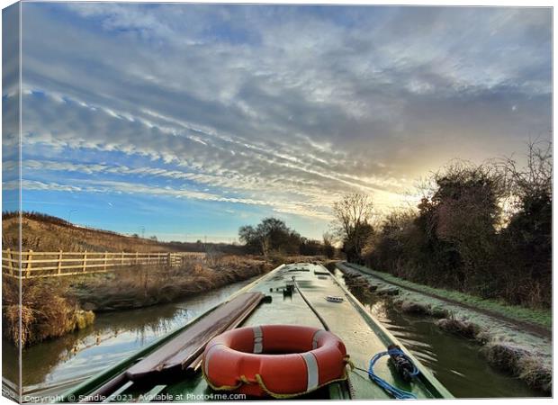 Narrowboat Travelling Down A Wintery Oxford Canal  Canvas Print by Sandie 