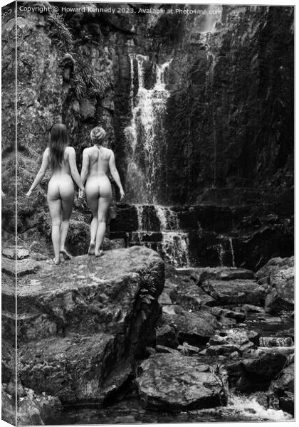 Nude Women Waterfall Duo in Monochrome Canvas Print by Howard Kennedy