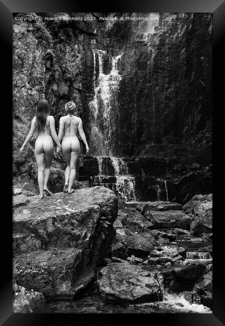 Nude Women Waterfall Duo in Monochrome Framed Print by Howard Kennedy