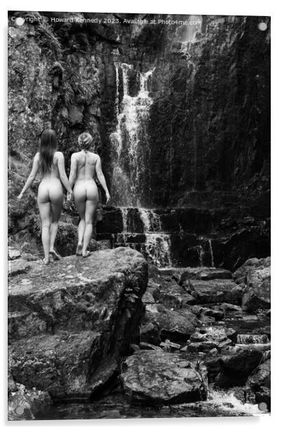 Nude Women Waterfall Duo in Monochrome Acrylic by Howard Kennedy