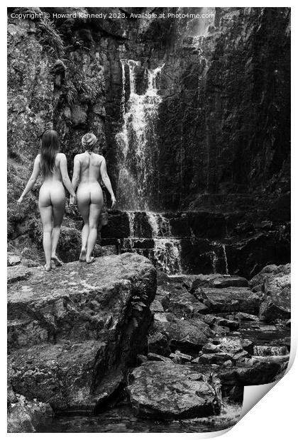 Nude Women Waterfall Duo in Monochrome Print by Howard Kennedy