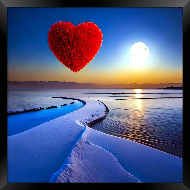 Moon, sky, heart, valentine's day, water, ocean, nature, beauty, night, feeling Framed Print by Reinaldo França