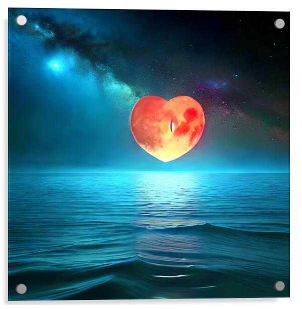 Moon, sky, heart, valentine's day, water, ocean, nature, beauty, night, feeling Acrylic by Reinaldo França