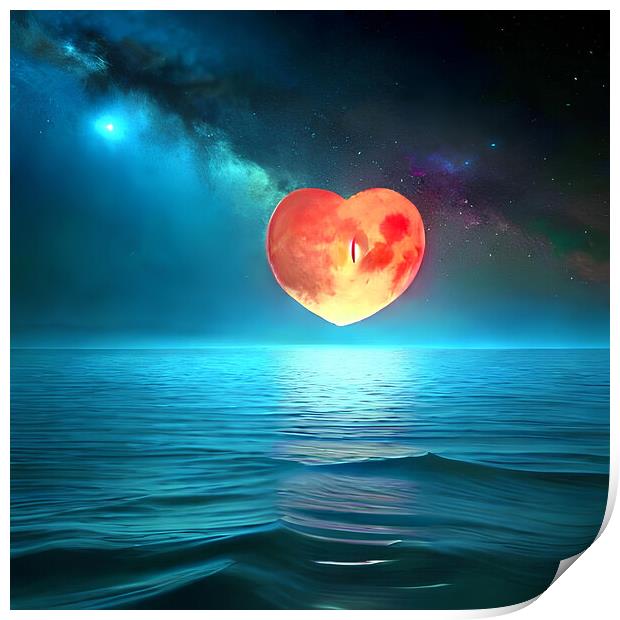 Moon, sky, heart, valentine's day, water, ocean, nature, beauty, night, feeling Print by Reinaldo França