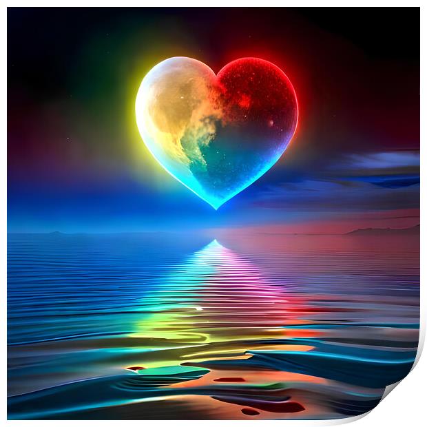 Moon sky heart Valentine's day water ocean nature, beauty night feeling Print by Reinaldo França