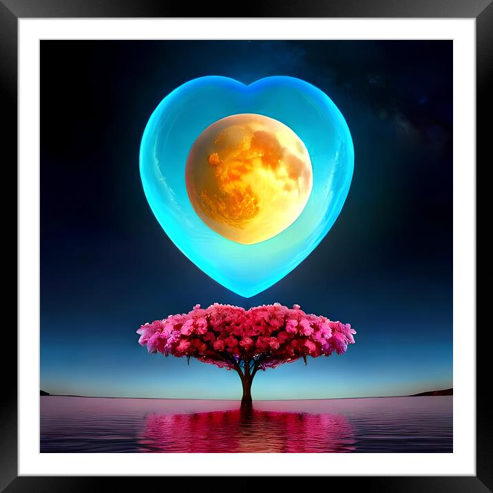 Moon, sky, heart, valentine's day, water, ocean, nature, beauty, night, feeling Framed Mounted Print by Reinaldo França