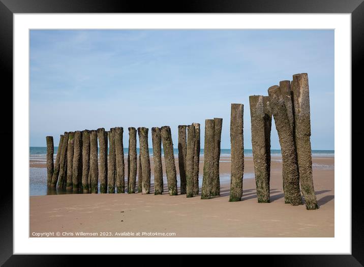 wooden poles on a french beach Framed Mounted Print by Chris Willemsen
