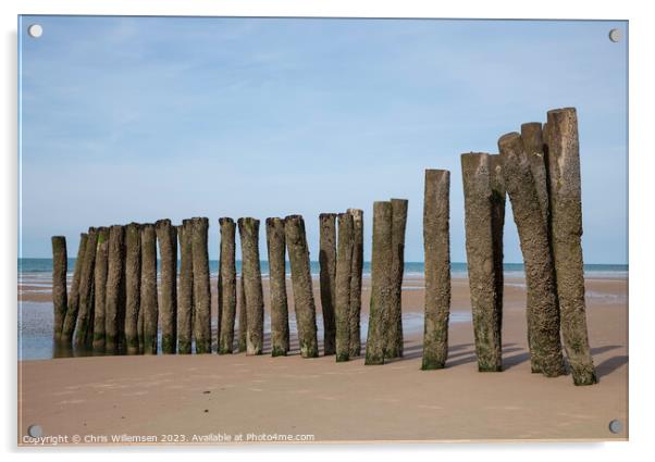 wooden poles on a french beach Acrylic by Chris Willemsen